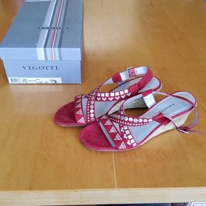 Red studded wedge sandals with jute trim